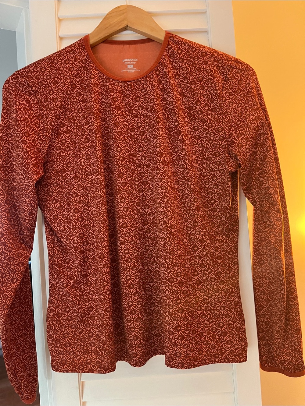 Patagonia Women’s Capilene Long-Sleeve Shirt in Deep Red Geometric Print